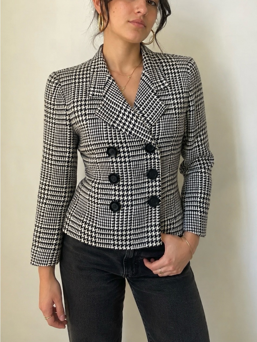 Vintage 90s Wool Blend Academia Classic Houndstooth Blazer Jacket Timeless